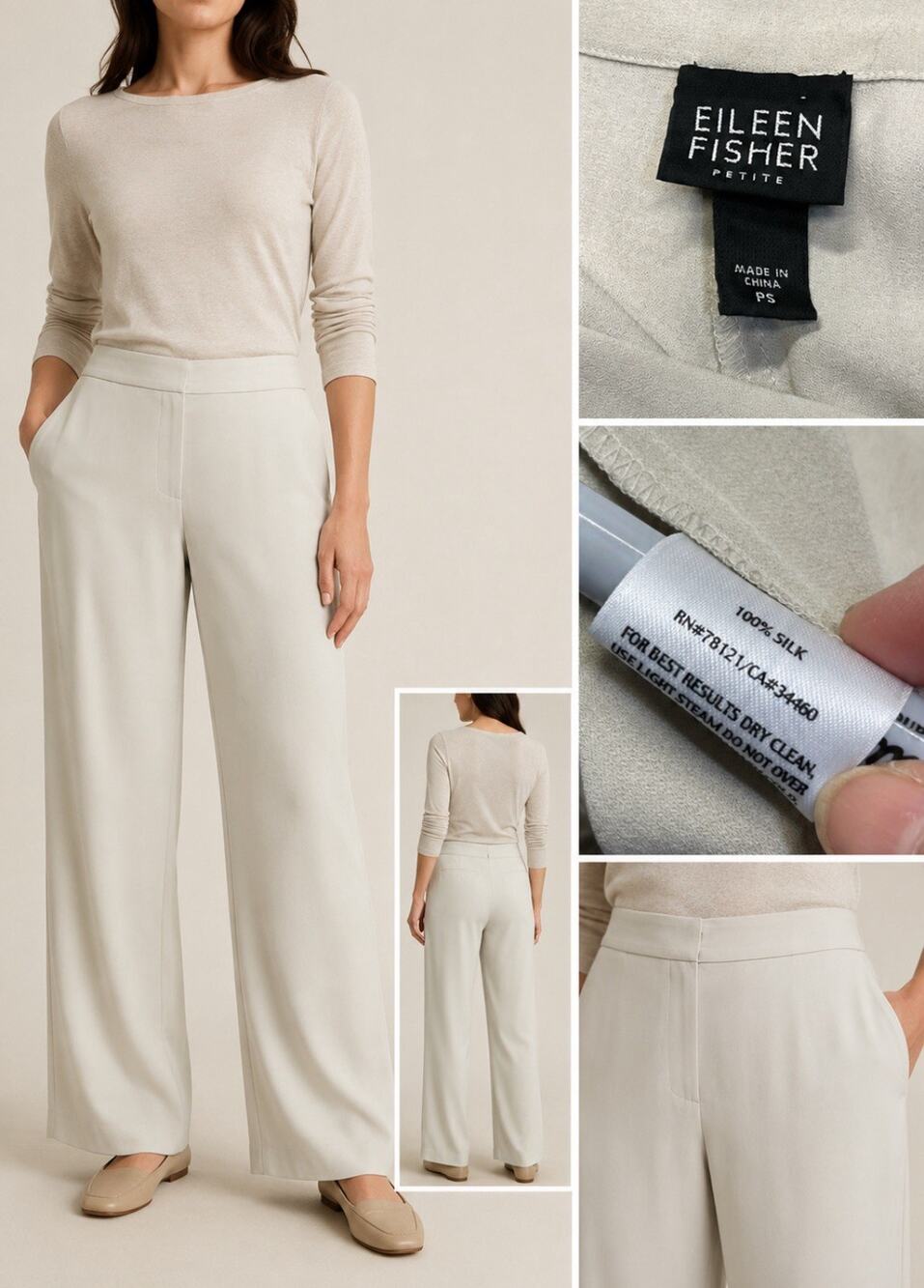 Classic Eileen Fisher Petite Wide Leg Silk Pants PS Beige Minimalist Old Money